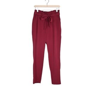 JustFab Women's S High Rise Pleated Front Paperbag Pant in Burgundy